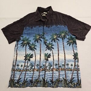 Batik‎ Bay Black Beach Scene Short Sleeve Button-Up Rayon Shirt Men's XL